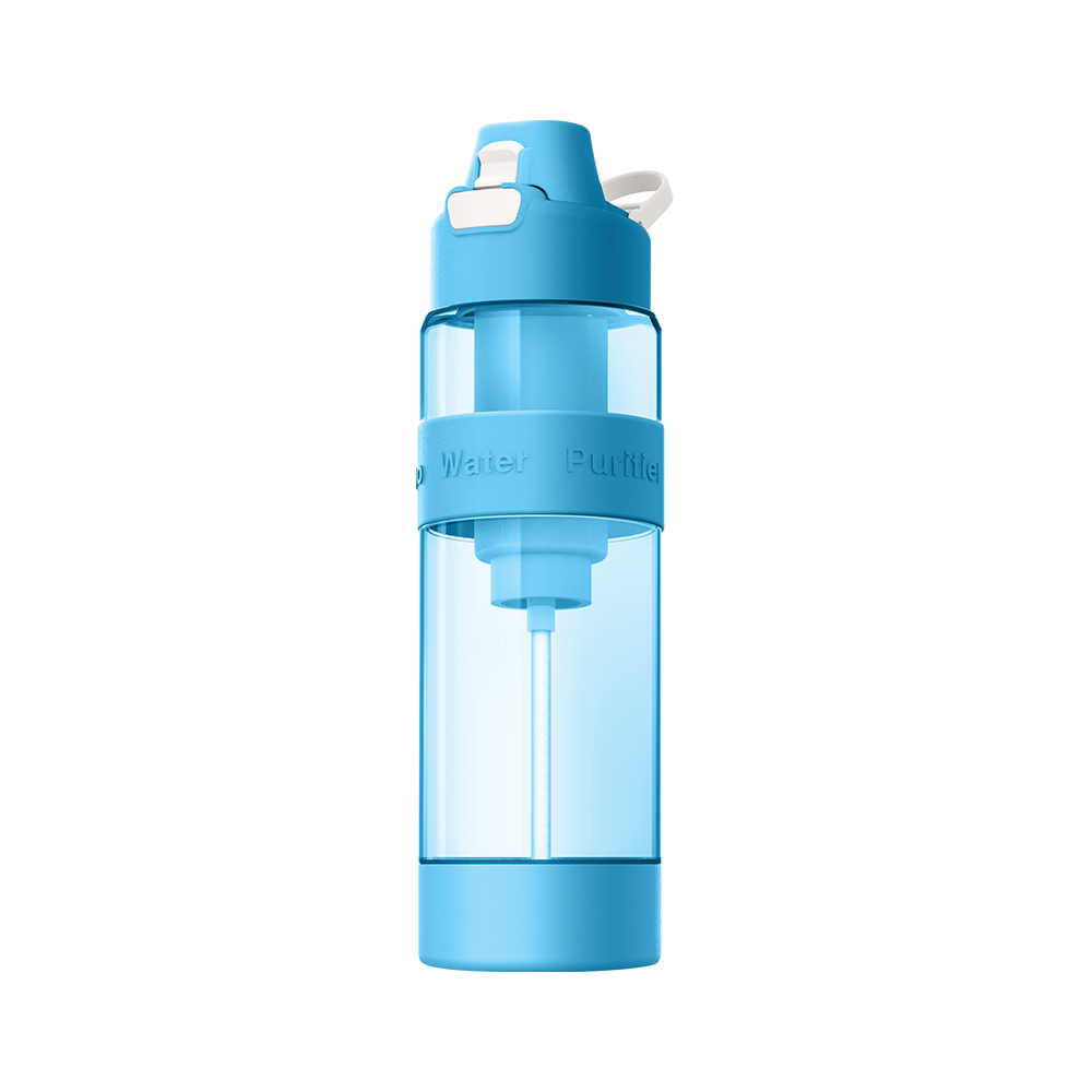 A portable water purifier bottle with a nano-silver filter that enriches your drinking experience.