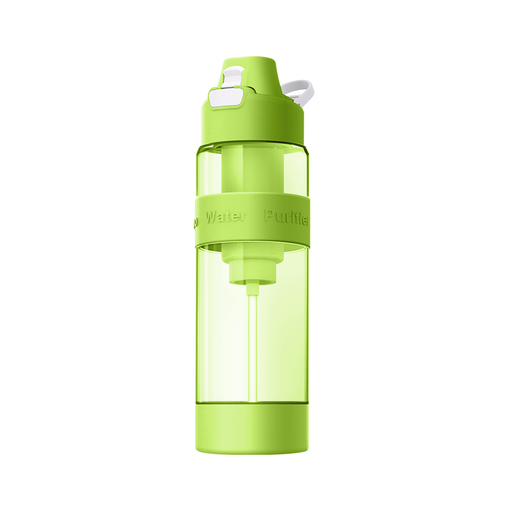 A portable water purifier bottle with a nano-silver filter that enriches your drinking experience.