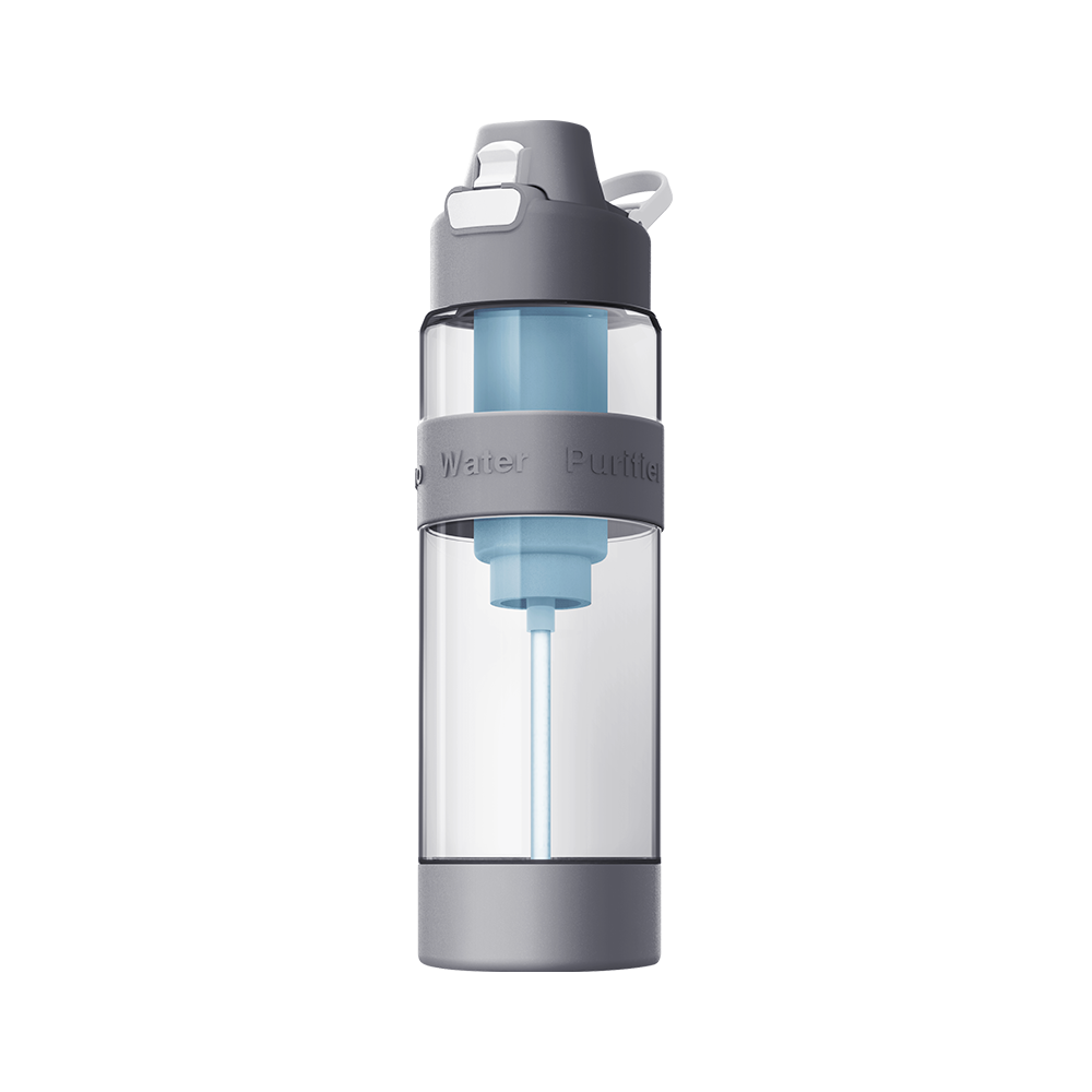 A portable water purifier bottle with a nano-silver filter that enriches your drinking experience.