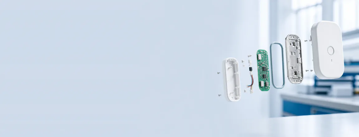 Exploded illustration of an electronic device enclosure, circuit board and components